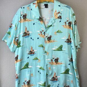 Disney Moana Hawaiian Shirt Women Plus 2X Tropical Short Sleeve Blue Maui Heihei